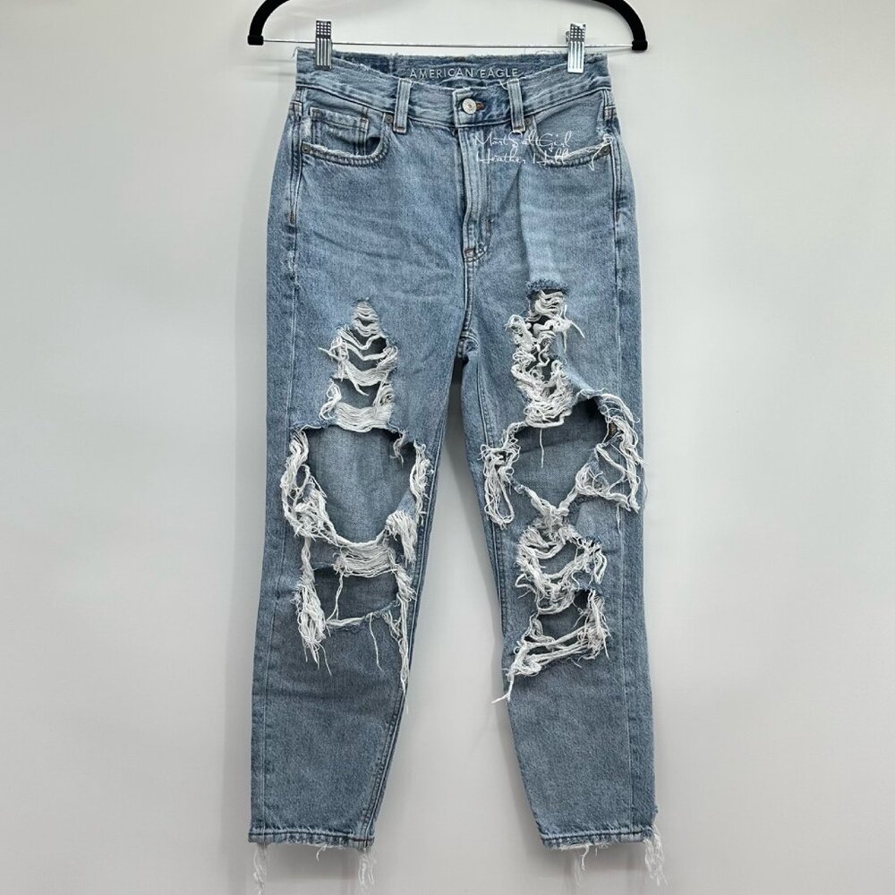 American Eagle Ripped Distressed Shark Bitten Ankle Mom Jeans Size 24 Short